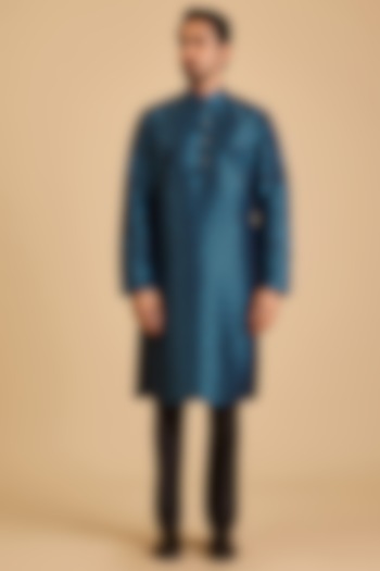 Blue Silk Lotus Printed Kurta by Siddartha Tytler Men at Pernia's Pop Up Shop