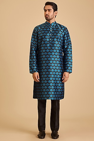 Blue Silk Lotus Printed Kurta by Siddartha Tytler Men