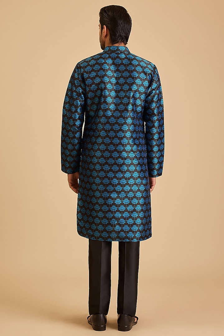 Blue Silk Lotus Printed Kurta by Siddartha Tytler Men at Pernia's Pop Up Shop