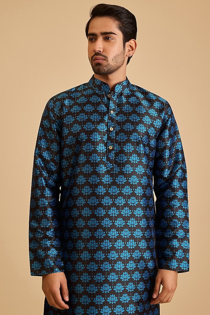 Blue Silk Lotus Printed Kurta by Siddartha Tytler Men at Pernia's Pop Up Shop