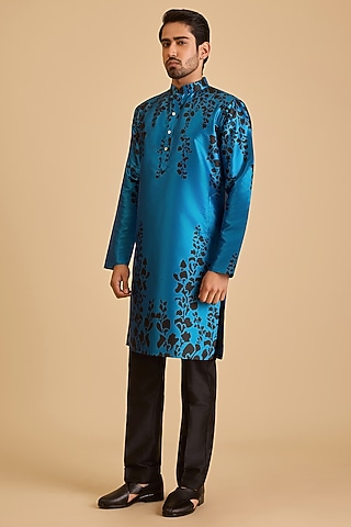 Blue Silk Printed Kurta by Siddartha Tytler Men