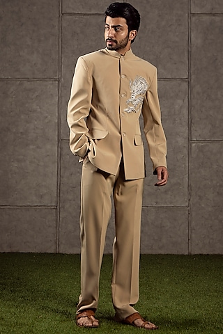 Beige Bandhgala Jacket With Pants by Siddartha Tytler Men