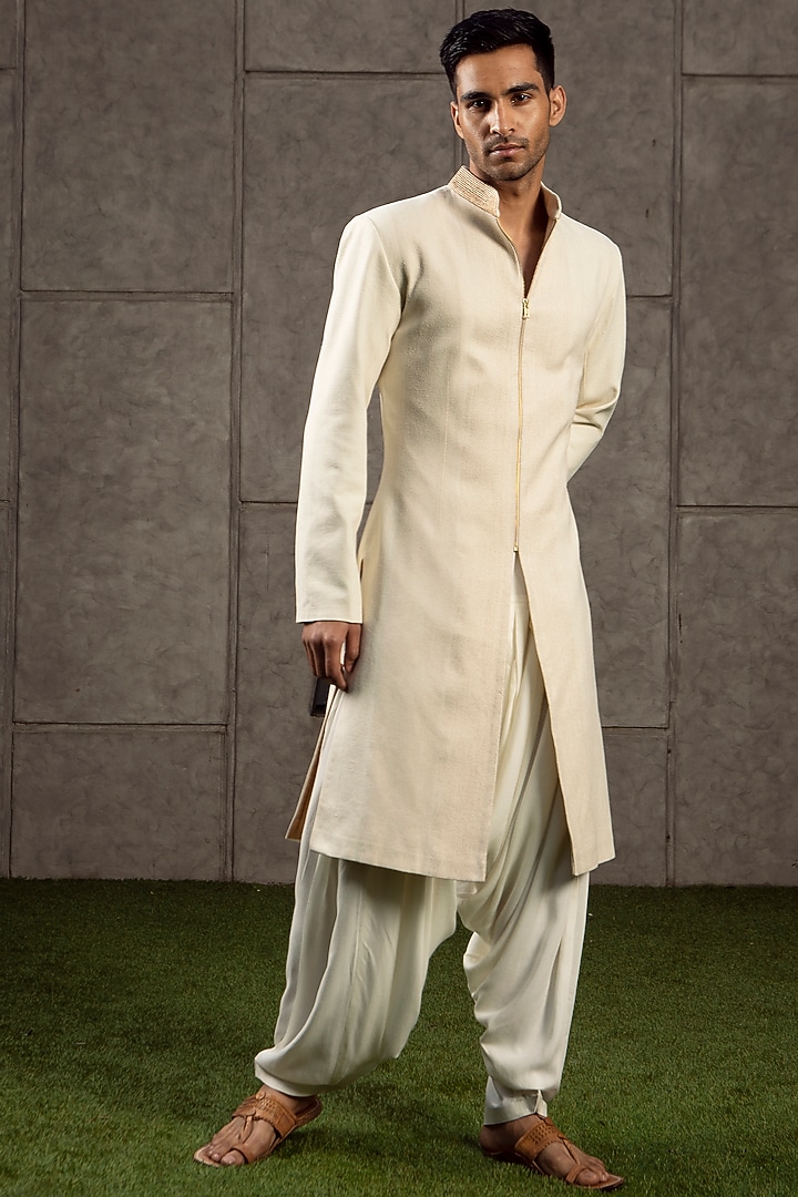 Ivory & Gold Embroidered Wedding Sherwani Set by Siddartha Tytler Men at Pernia's Pop Up Shop