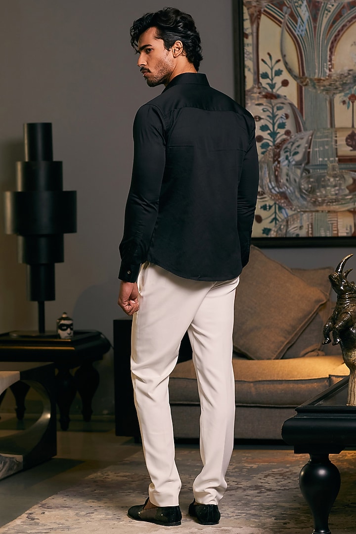 Black Cotton Satin Dragon Embroidered Wedding Shirt by Siddartha Tytler Men at Pernia's Pop Up Shop