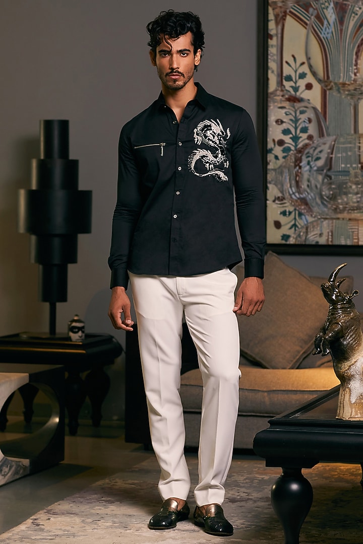 Black Cotton Satin Dragon Embroidered Wedding Shirt by Siddartha Tytler Men at Pernia's Pop Up Shop