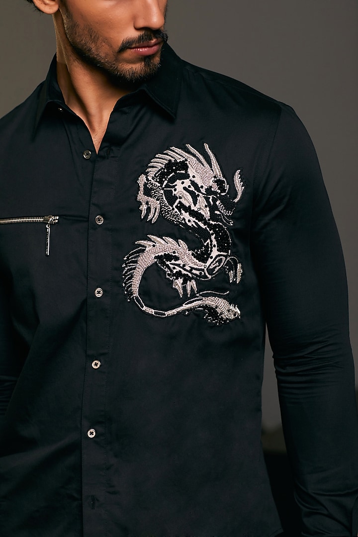 Black Cotton Satin Dragon Embroidered Wedding Shirt by Siddartha Tytler Men at Pernia's Pop Up Shop