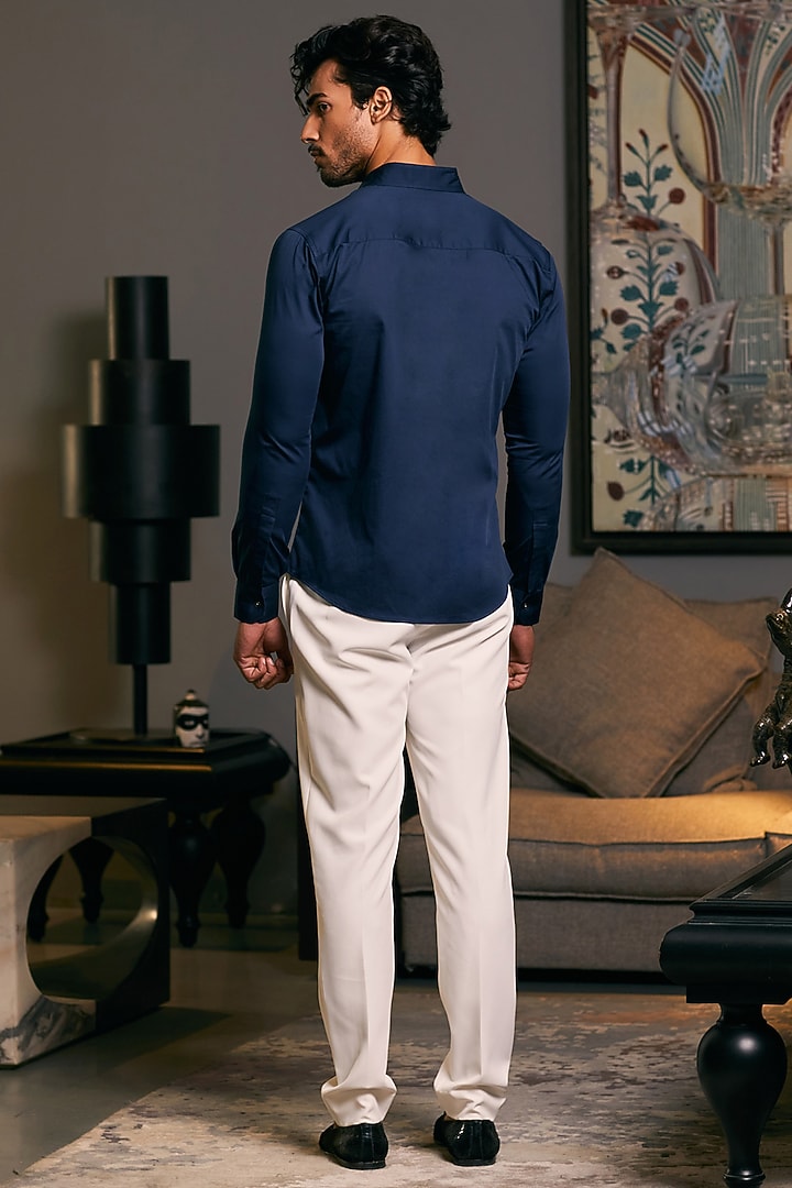Navy Blue Cotton Satin Dragon Embroidered Wedding Shirt by Siddartha Tytler Men at Pernia's Pop Up Shop