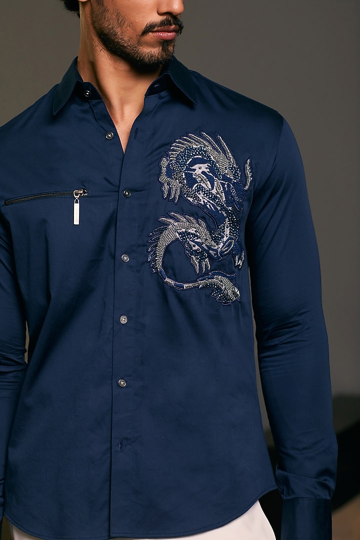 Navy Blue Cotton Satin Dragon Embroidered Wedding Shirt by Siddartha Tytler Men at Pernia's Pop Up Shop