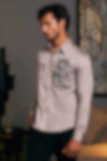 Steel Grey Cotton Satin Dragon Embroidered Shirt by Siddartha Tytler Men