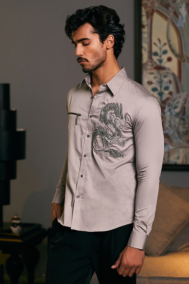 Steel Grey Cotton Satin Dragon Embroidered Shirt by Siddartha Tytler Men