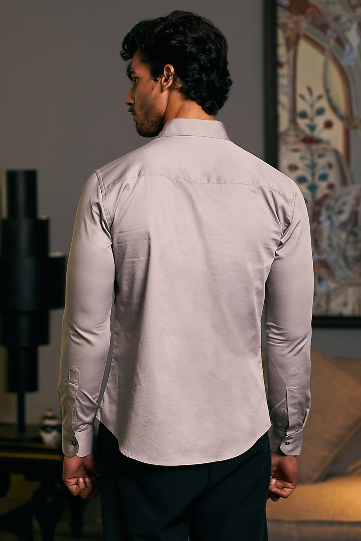 Steel Grey Cotton Satin Dragon Embroidered Wedding Shirt by Siddartha Tytler Men at Pernia's Pop Up Shop