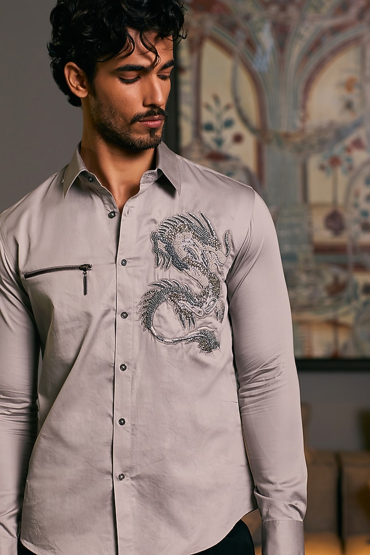 Steel Grey Cotton Satin Dragon Embroidered Wedding Shirt by Siddartha Tytler Men at Pernia's Pop Up Shop