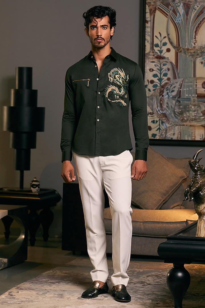 Olive Cotton Satin Dragon Embroidered Wedding Shirt by Siddartha Tytler Men at Pernia's Pop Up Shop