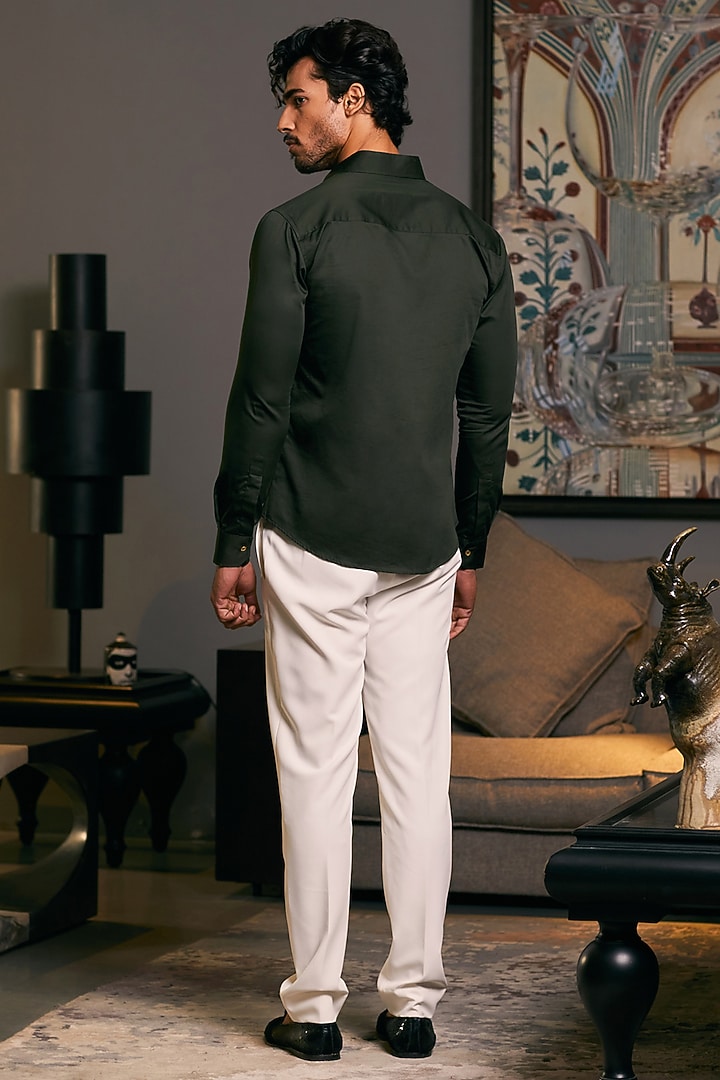 Olive Cotton Satin Dragon Embroidered Wedding Shirt by Siddartha Tytler Men at Pernia's Pop Up Shop