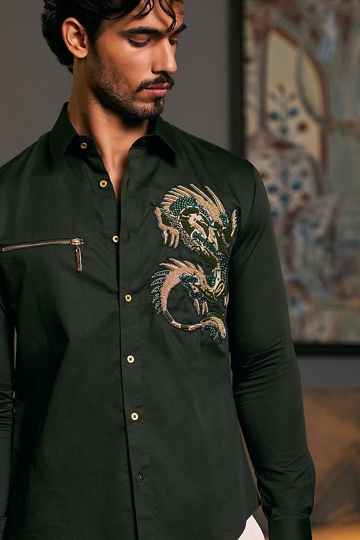 Olive Cotton Satin Dragon Embroidered Wedding Shirt by Siddartha Tytler Men at Pernia's Pop Up Shop