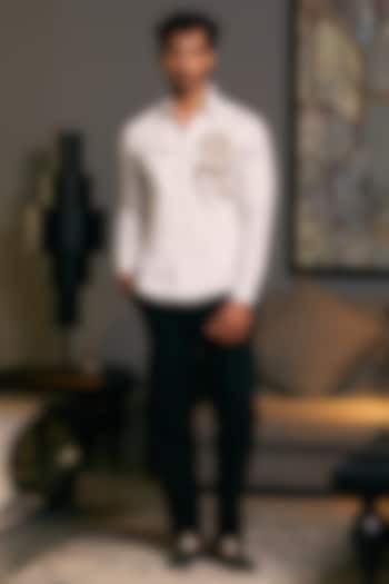 Ivory Cotton Satin Dragon Embroidered Wedding Shirt by Siddartha Tytler Men at Pernia's Pop Up Shop