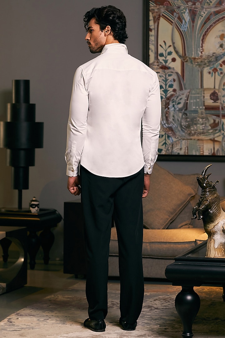 Ivory Cotton Satin Dragon Embroidered Wedding Shirt by Siddartha Tytler Men at Pernia's Pop Up Shop