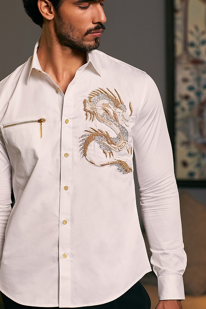 Ivory Cotton Satin Dragon Embroidered Shirt by Siddartha Tytler Men at  Pernia's Pop Up Shop 2026