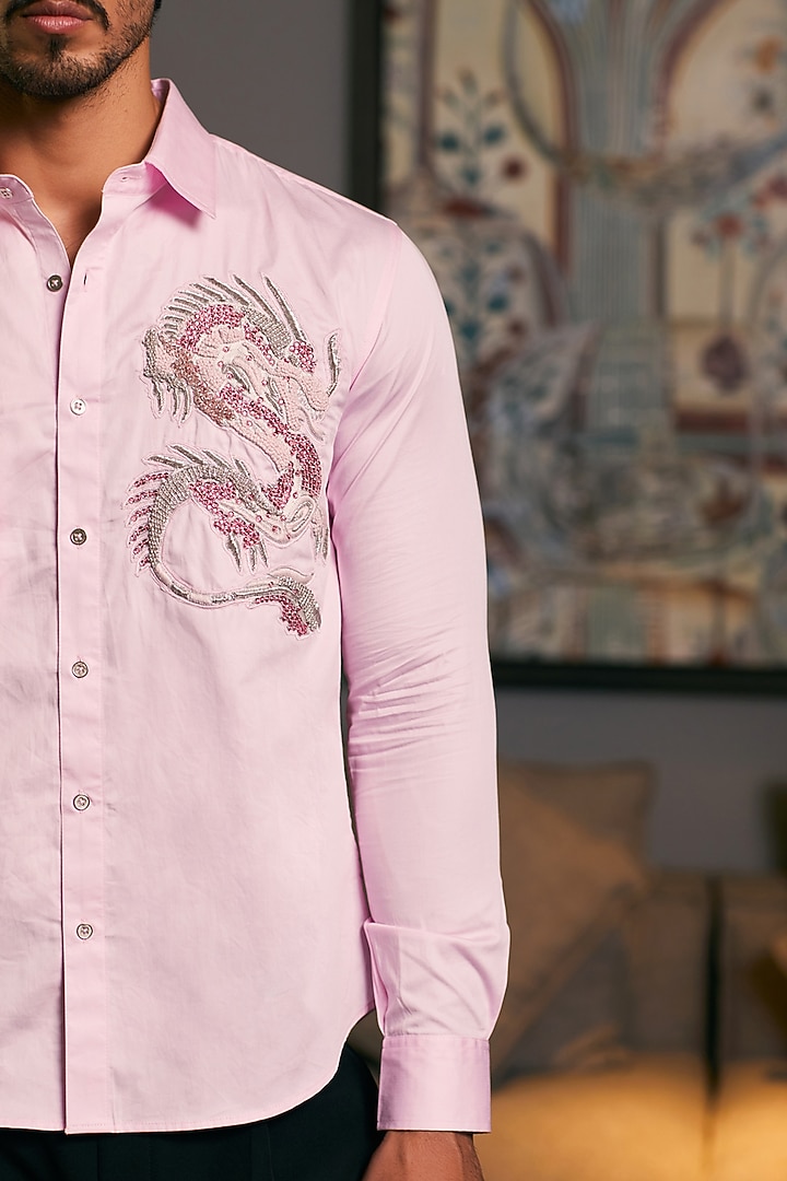 Bubblegum Pink Cotton Satin Dragon Embroidered Wedding Shirt by Siddartha Tytler Men at Pernia's Pop Up Shop