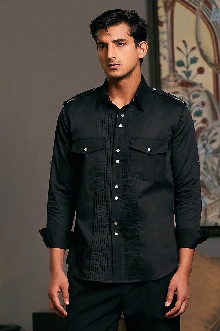 Black Cotton Satin Pintuck Shirt by Siddartha Tytler Men