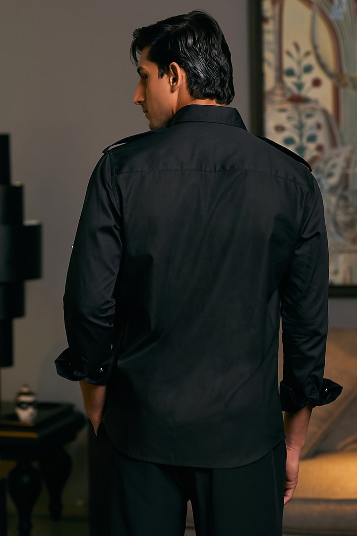 Black Cotton Satin Pintuck Wedding Shirt by Siddartha Tytler Men at Pernia's Pop Up Shop
