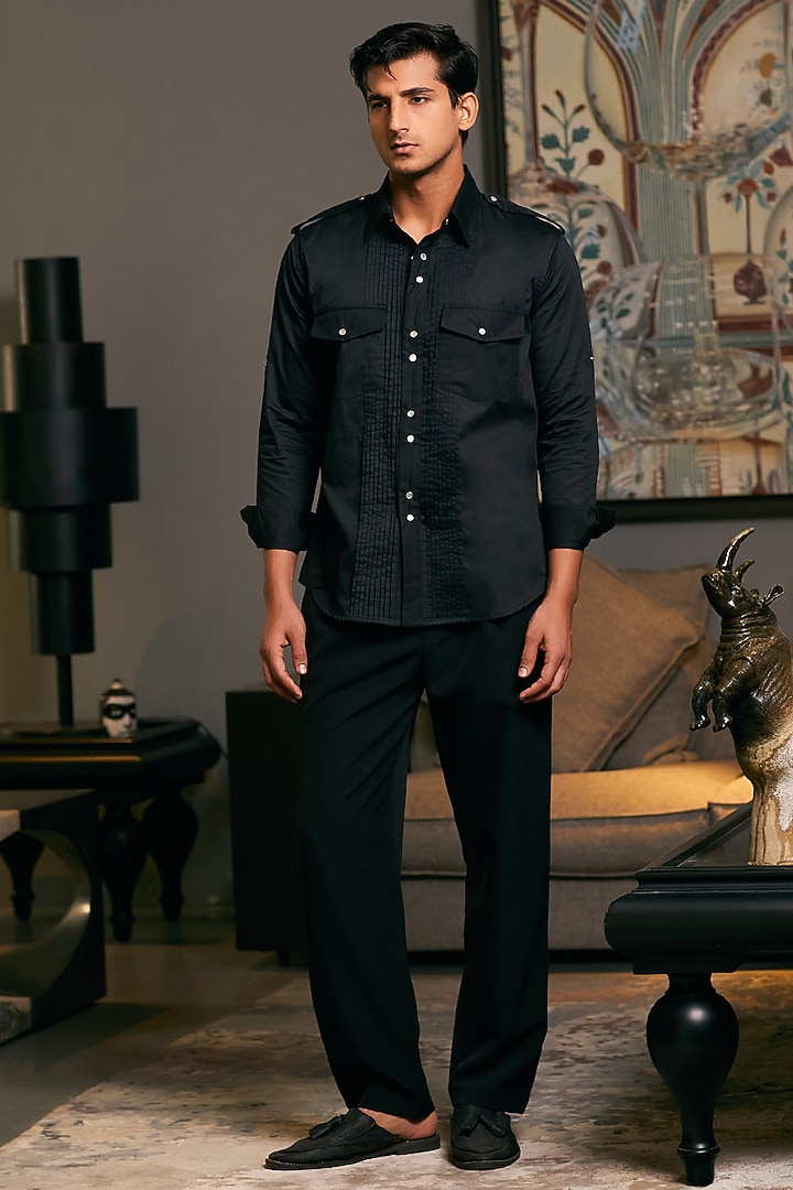 Black Cotton Satin Pintuck Wedding Shirt by Siddartha Tytler Men at Pernia's Pop Up Shop