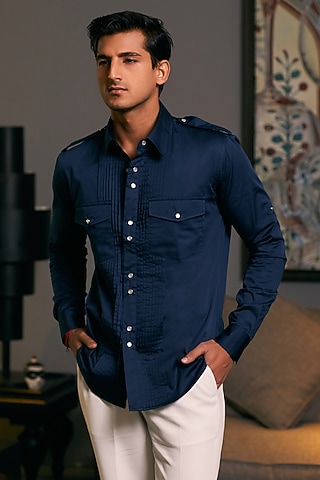 Navy Blue Cotton Satin Pintuck Shirt by Siddartha Tytler Men