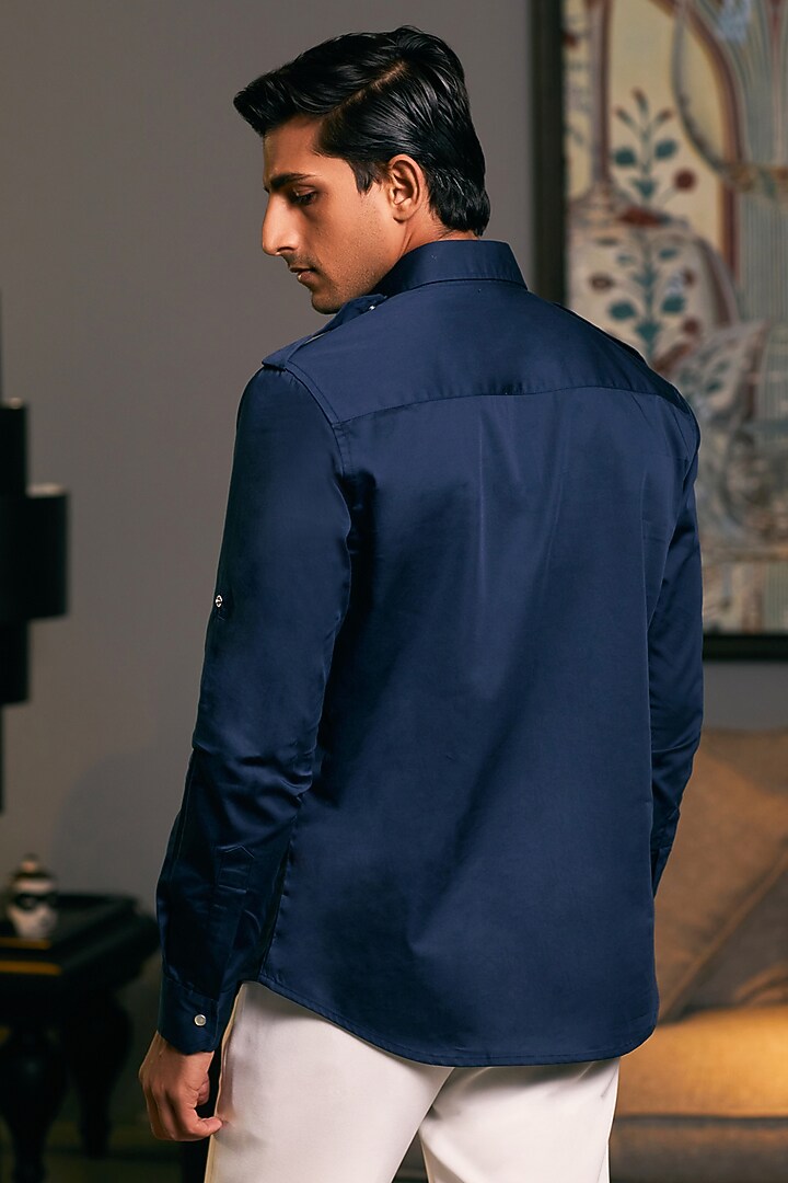 Navy Blue Cotton Satin Pintuck Wedding Shirt by Siddartha Tytler Men at Pernia's Pop Up Shop