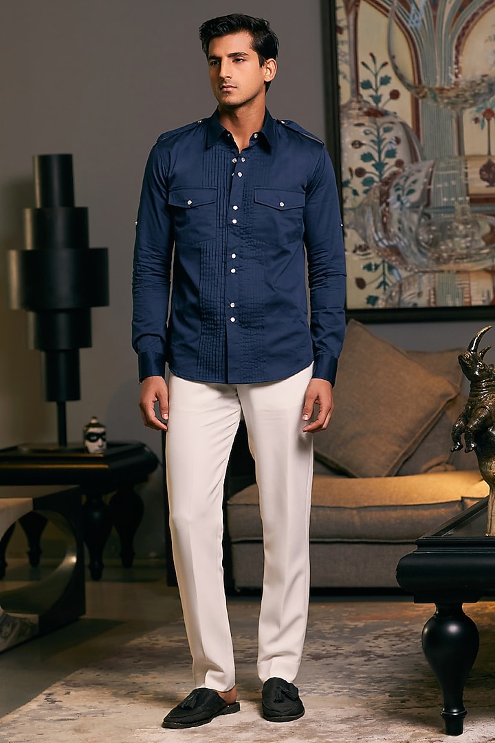 Navy Blue Cotton Satin Pintuck Wedding Shirt by Siddartha Tytler Men at Pernia's Pop Up Shop