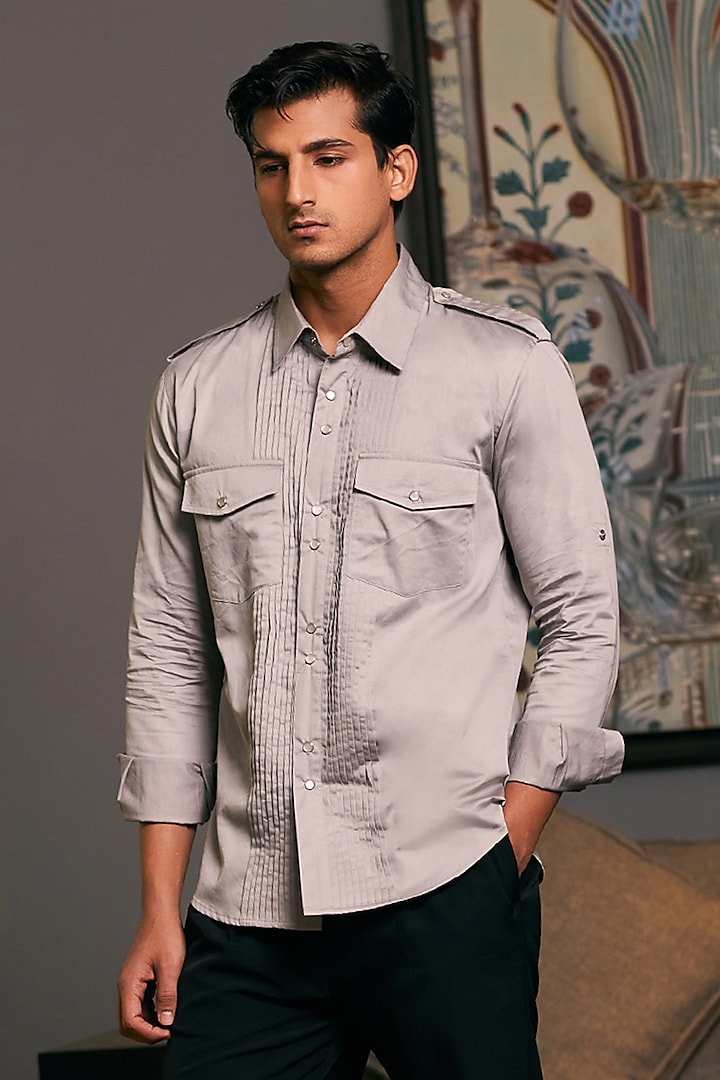 Steel Grey Cotton Satin Pintuck Shirt by Siddartha Tytler Men