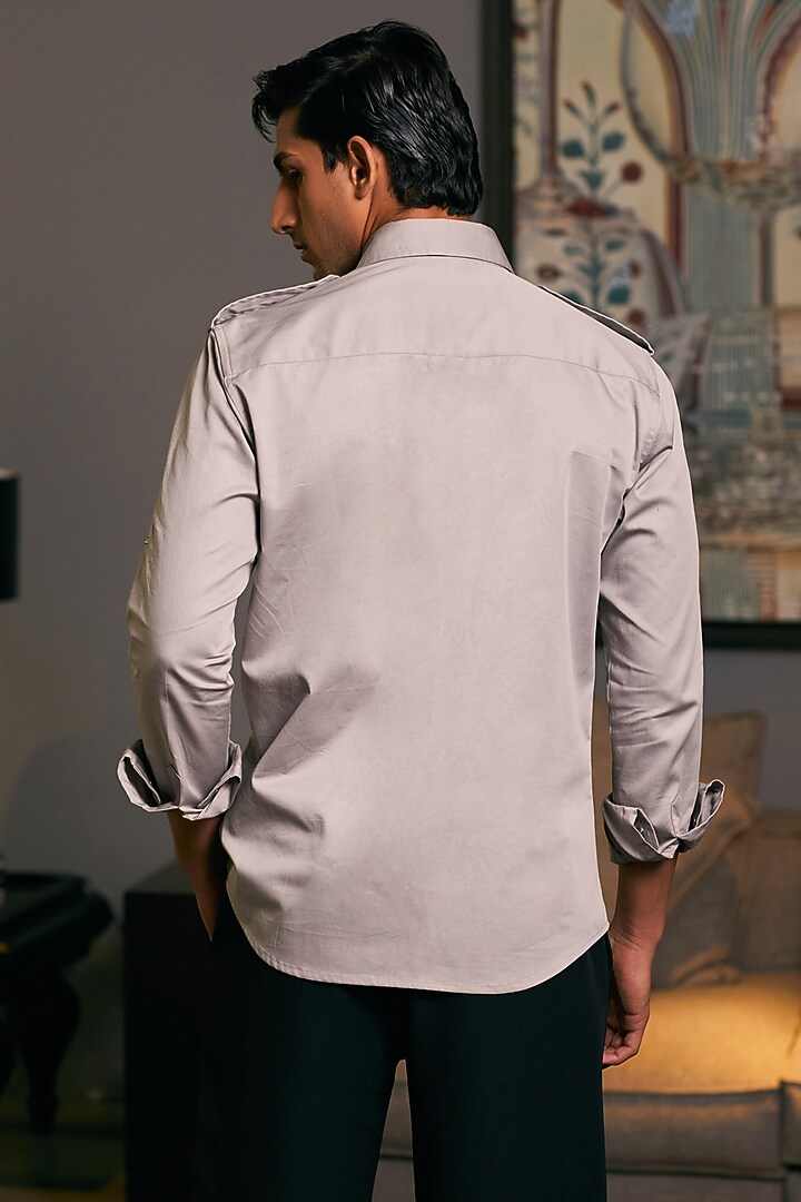 Steel Grey Cotton Satin Pintuck Wedding Shirt by Siddartha Tytler Men at Pernia's Pop Up Shop