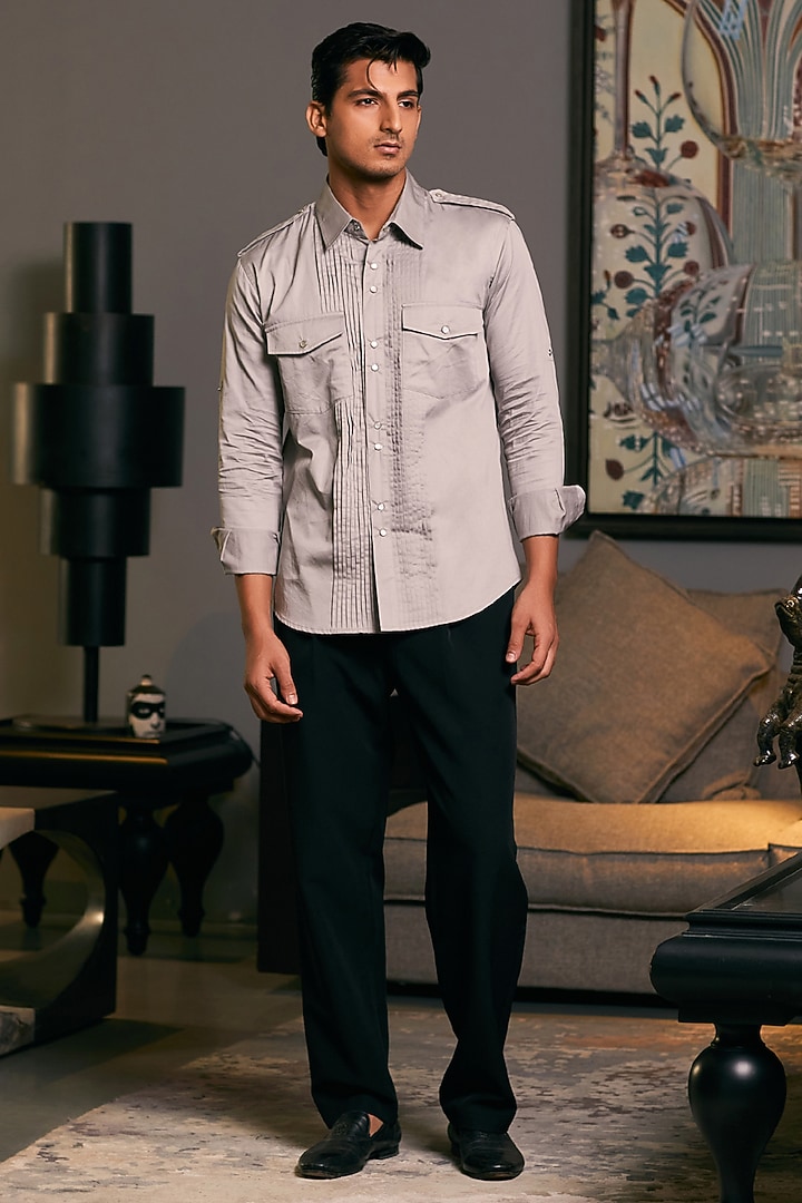 Steel Grey Cotton Satin Pintuck Wedding Shirt by Siddartha Tytler Men at Pernia's Pop Up Shop