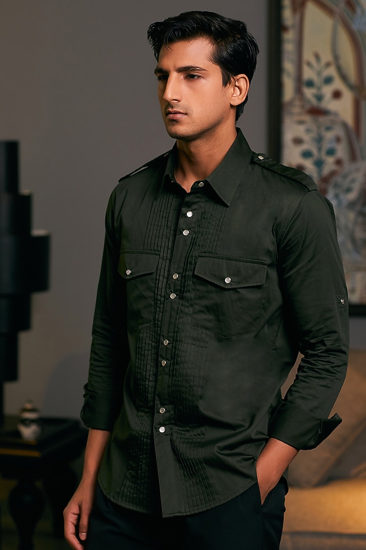 Olive Cotton Satin Pintuck Shirt by Siddartha Tytler Men