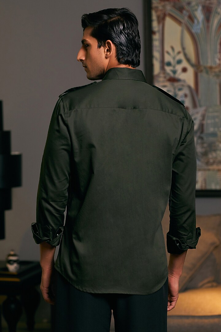 Olive Cotton Satin Pintuck Wedding Shirt by Siddartha Tytler Men at Pernia's Pop Up Shop