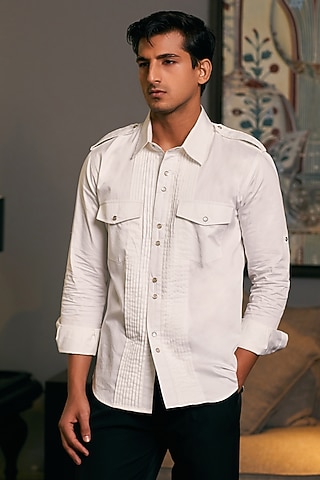 Ivory Cotton Satin Pintuck Shirt by Siddartha Tytler Men