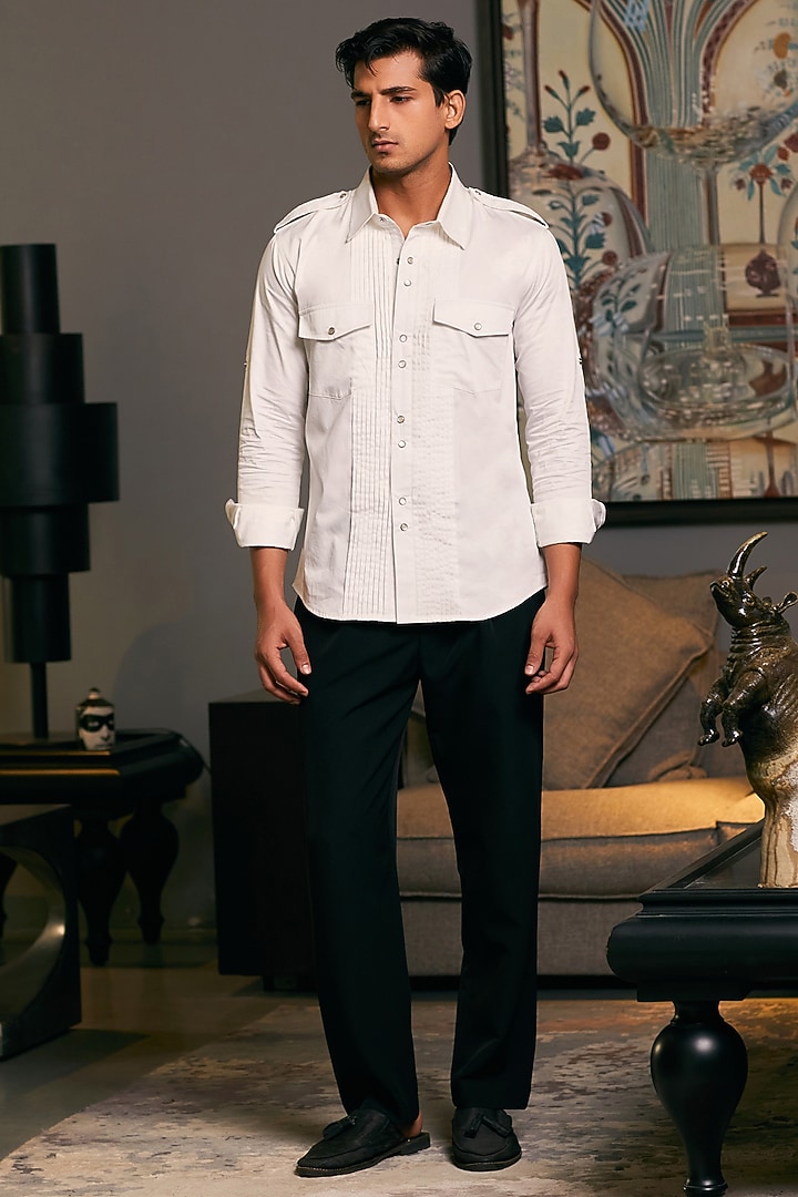 Ivory Cotton Satin Pintuck Wedding Shirt by Siddartha Tytler Men at Pernia's Pop Up Shop