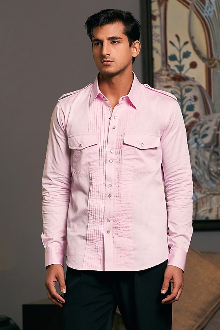 Bubblegum Pink Cotton Satin Pintuck Shirt by Siddartha Tytler Men