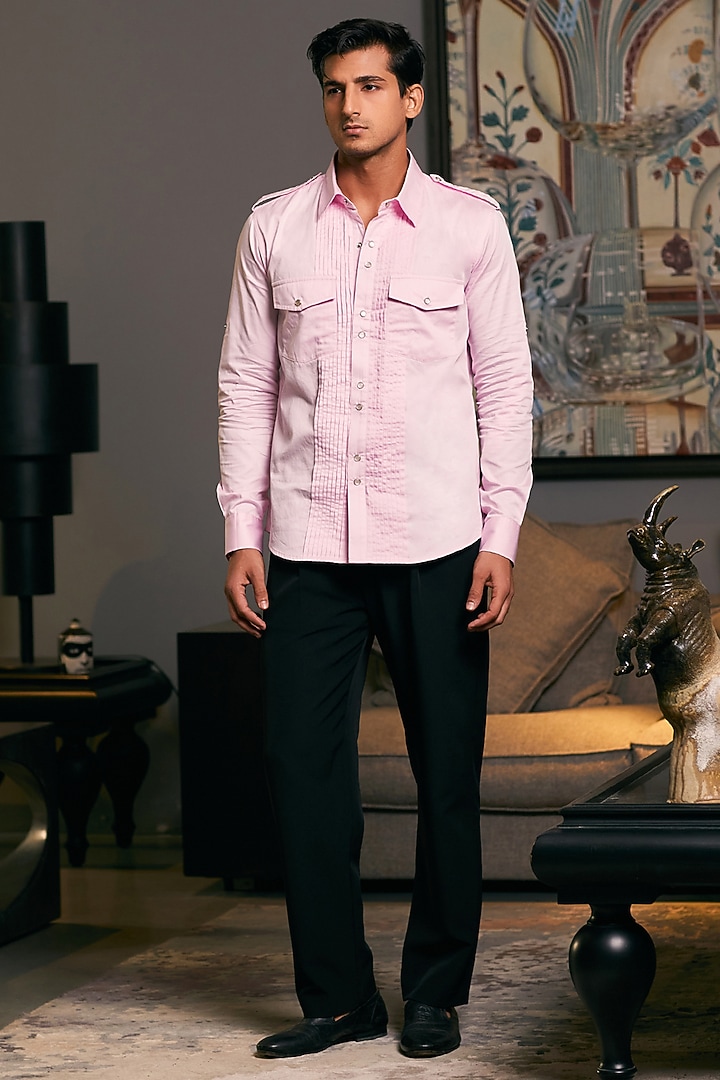 Bubblegum Pink Cotton Satin Pintuck Wedding Shirt by Siddartha Tytler Men at Pernia's Pop Up Shop