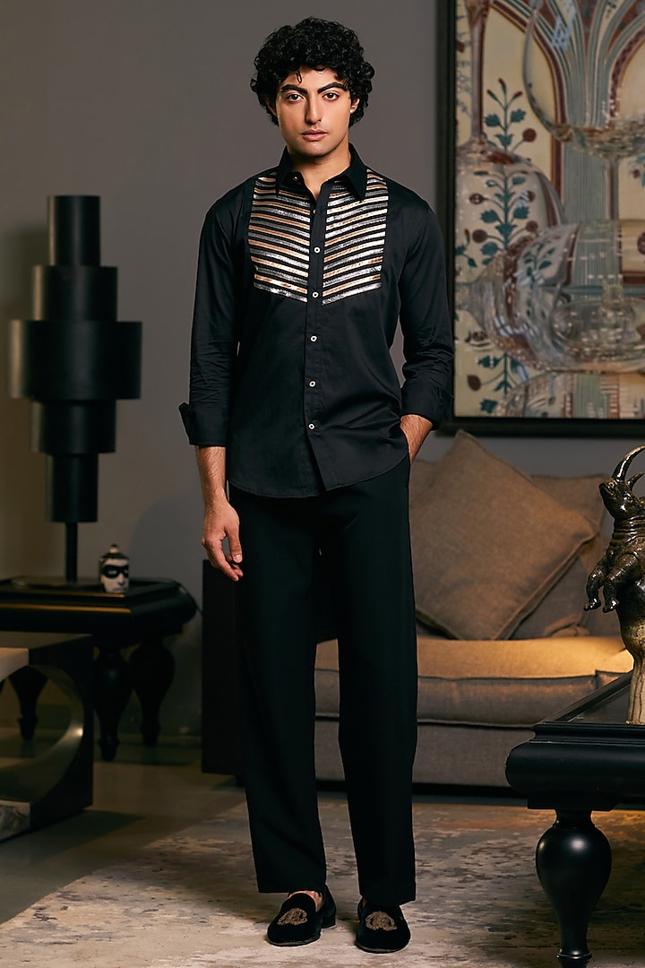 Black Cotton Satin Metallic Stripe Work Shirt by Siddartha Tytler Men
