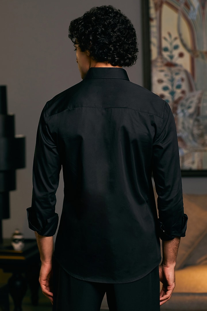 Black Cotton Satin Metallic Stripe Work Party Wear Shirt by Siddartha Tytler Men at Pernia's Pop Up Shop
