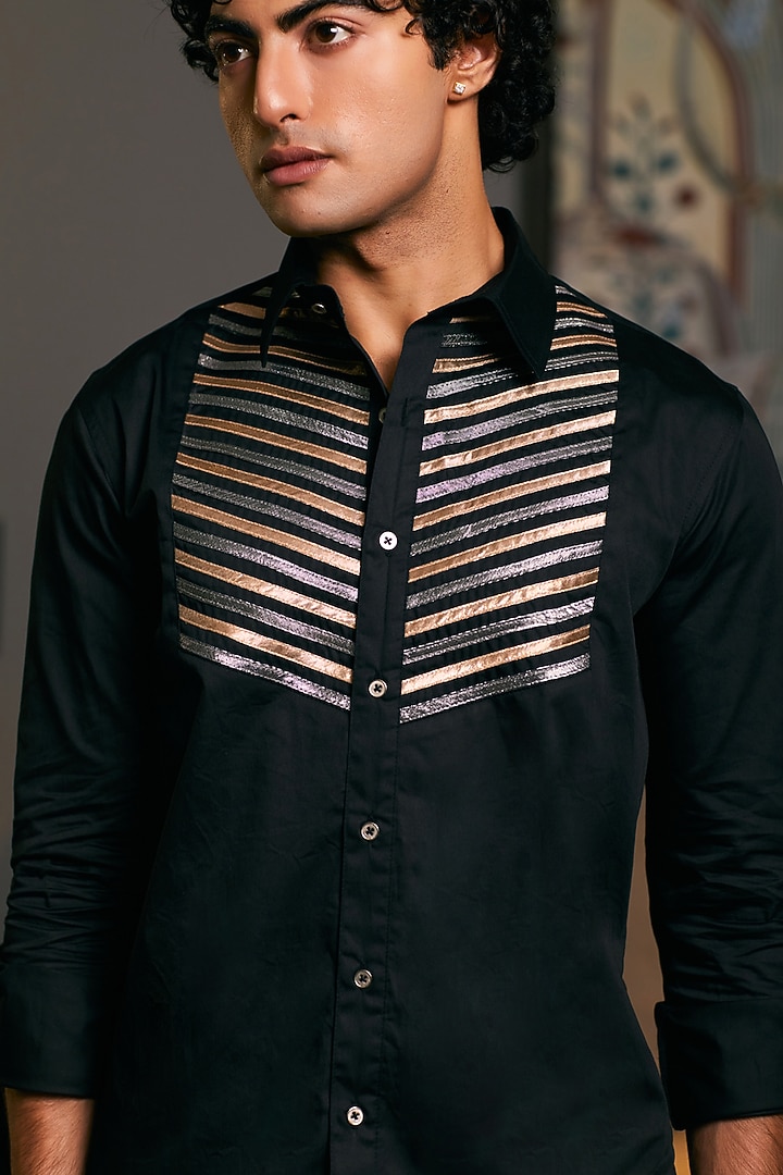 Black Cotton Satin Metallic Stripe Work Party Wear Shirt by Siddartha Tytler Men at Pernia's Pop Up Shop