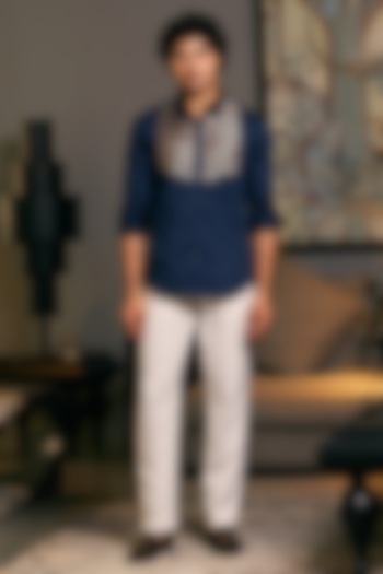 Navy Blue Cotton Satin Metallic Stripe Work Shirt by Siddartha Tytler Men