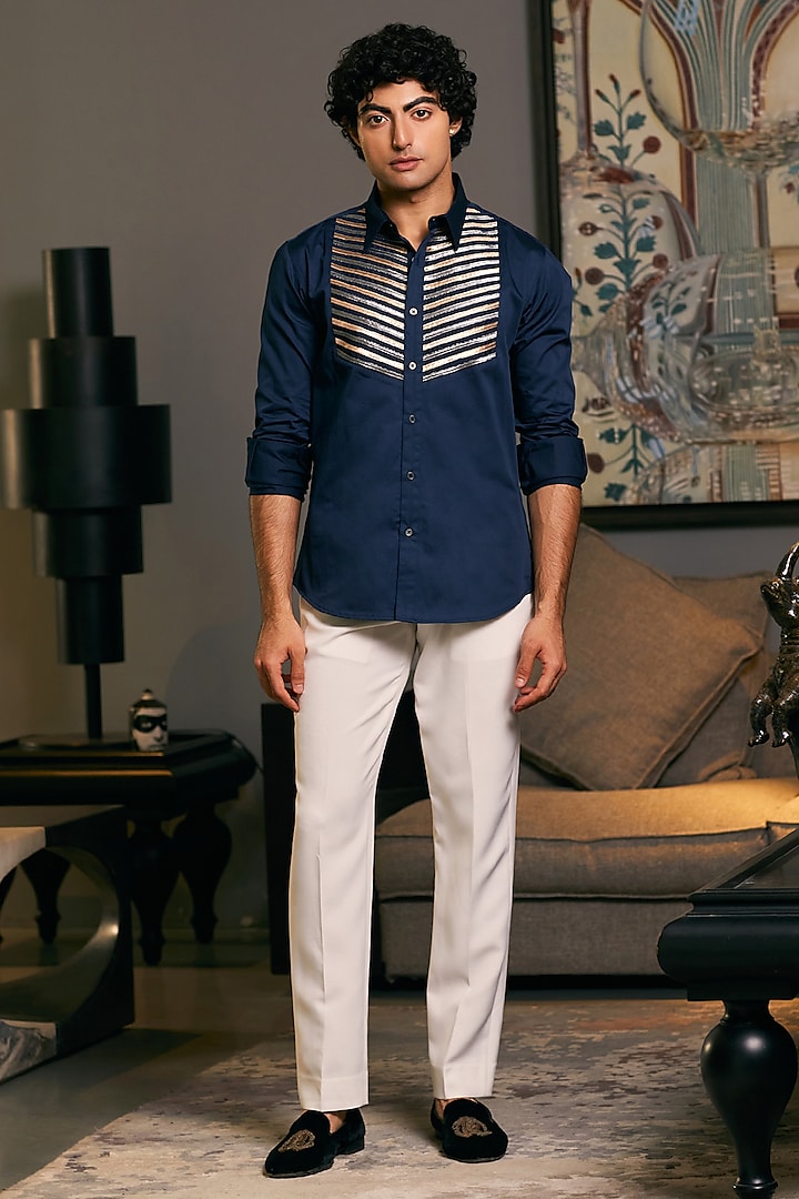 Navy Blue Cotton Satin Metallic Stripe Work Shirt by Siddartha Tytler Men