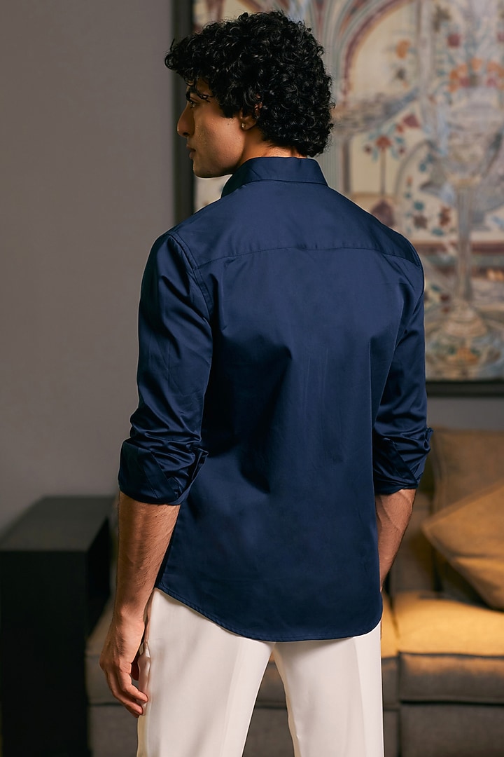 Navy Blue Cotton Satin Metallic Stripe Work Party Wear Shirt by Siddartha Tytler Men at Pernia's Pop Up Shop