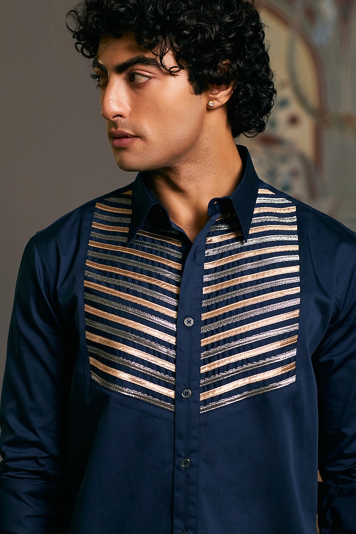 Navy Blue Cotton Satin Metallic Stripe Work Party Wear Shirt by Siddartha Tytler Men at Pernia's Pop Up Shop