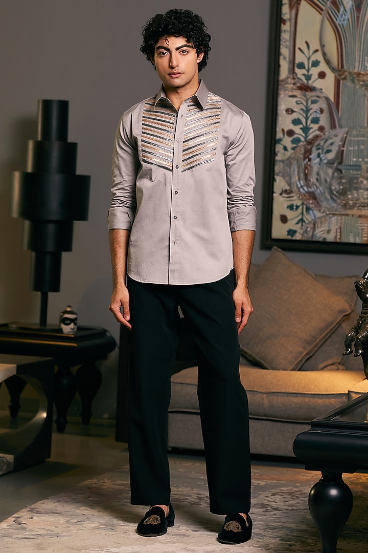 Steel Grey Cotton Satin Metallic Stripe Work Party Wear Shirt by Siddartha Tytler Men at Pernia's Pop Up Shop