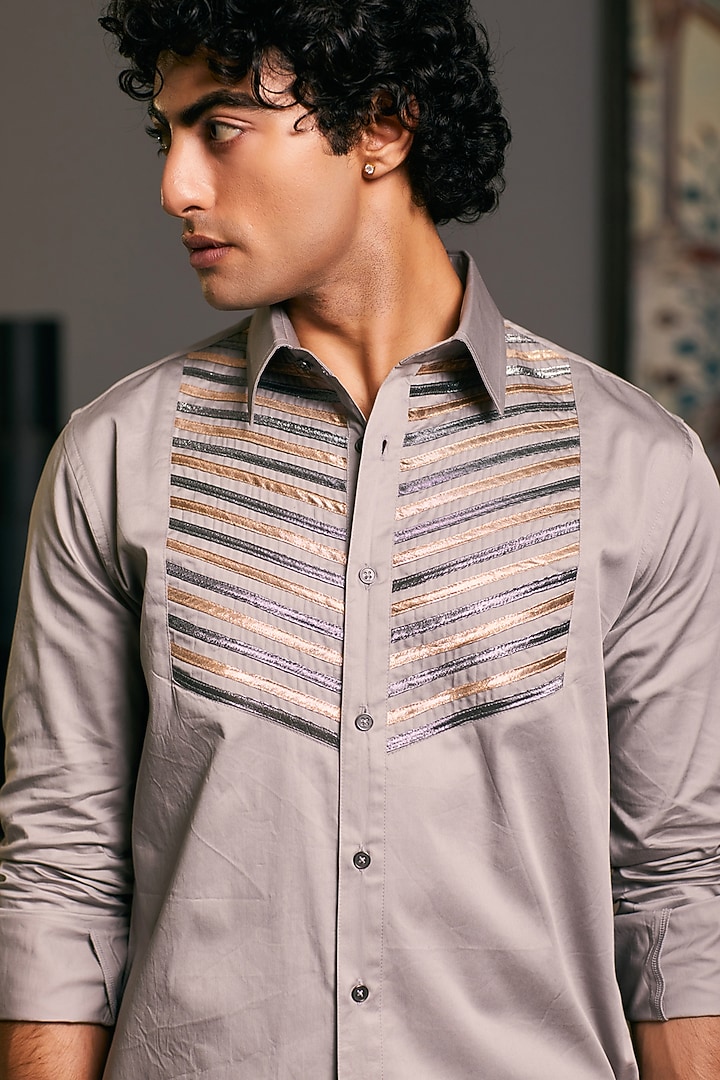 Steel Grey Cotton Satin Metallic Stripe Work Party Wear Shirt by Siddartha Tytler Men at Pernia's Pop Up Shop