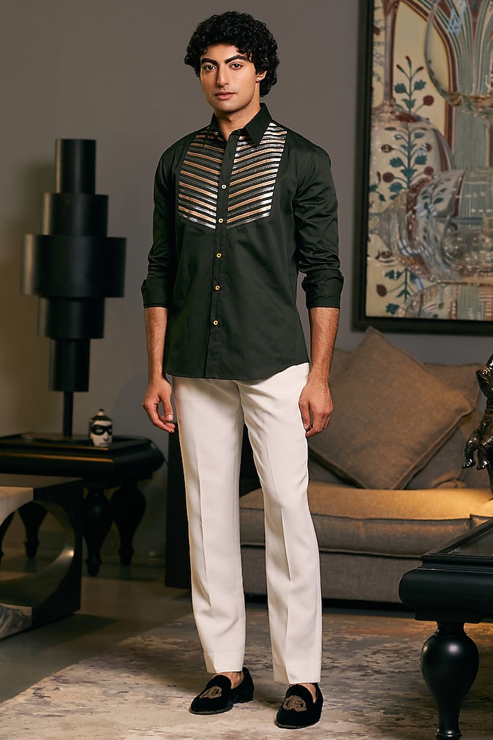 Olive Cotton Satin Metallic Stripe Work Shirt by Siddartha Tytler Men at Pernia's Pop Up Shop