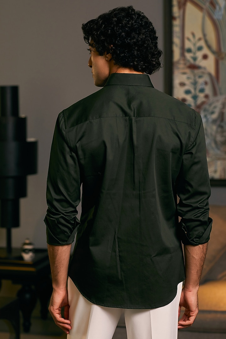 Olive Cotton Satin Metallic Stripe Work Party Wear Shirt by Siddartha Tytler Men at Pernia's Pop Up Shop