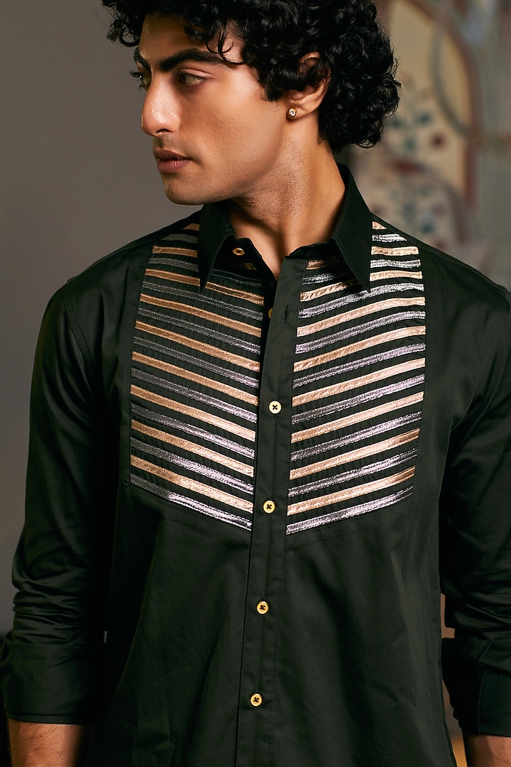 Olive Cotton Satin Metallic Stripe Work Party Wear Shirt by Siddartha Tytler Men at Pernia's Pop Up Shop